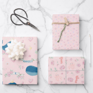 Personalisierter rosa Whale Geschenkpapier Set