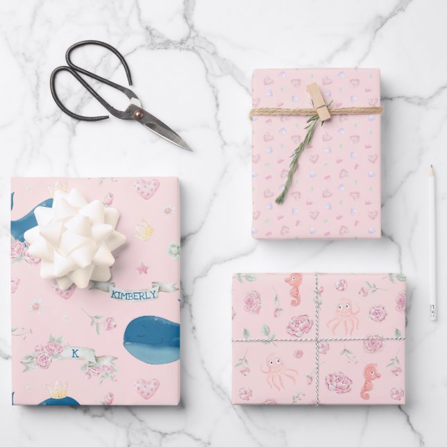Personalisierter rosa Whale Geschenkpapier Set (Vorderseite)