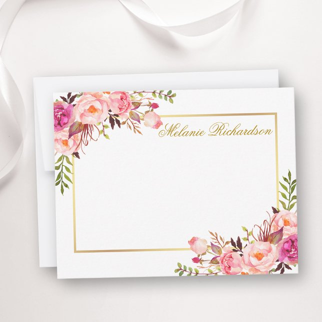 Personalisierter, rosafarbener, floraler Goldrahme Mitteilungskarte (Customize to change text size, color, style or to add more text to front or back of card.)