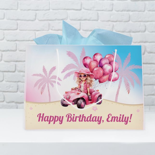 Personalisierter rosafarbener Strand Geburtstag Große Geschenktüte (A personalized gift bag adds a special touch to any girl's birthday celebration.)