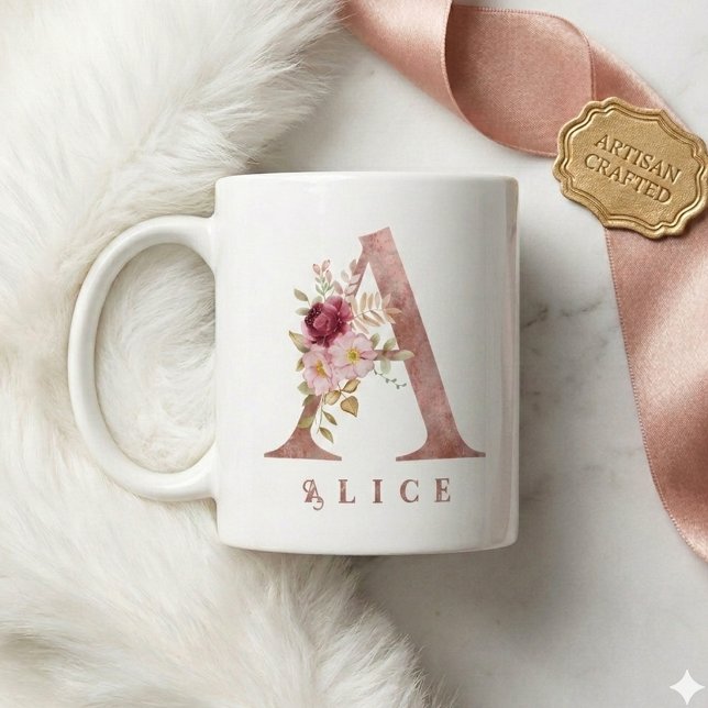 Personalisierter Roségold-Blumen-Initialbuchstabe  Kaffeetasse (Von Creator hochgeladen)