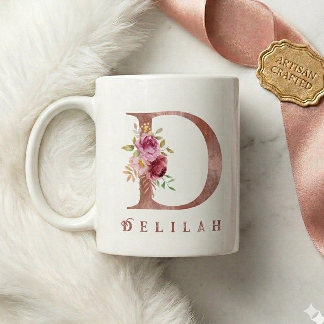 Personalisierter Roségold-Blumen-Initialbuchstabe  Kaffeetasse (Von Creator hochgeladen)