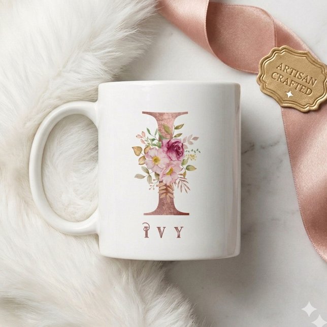 Personalisierter Roségold-Blumen-Initialbuchstabe  Kaffeetasse (Von Creator hochgeladen)