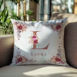 Personalisierter Roségold-Blumen-Initialbuchstabe  Kissen
