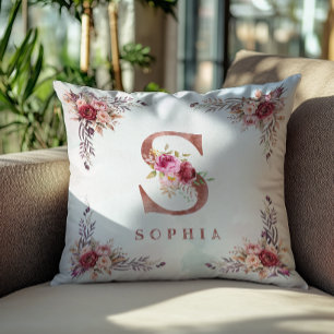 Personalisierter Roségold-Blumen-Initiale S Monogr Kissen
