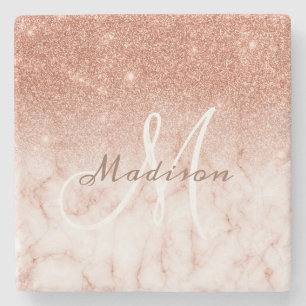 Personalisierter Roségold Glitter Monogramm Marmor Steinuntersetzer