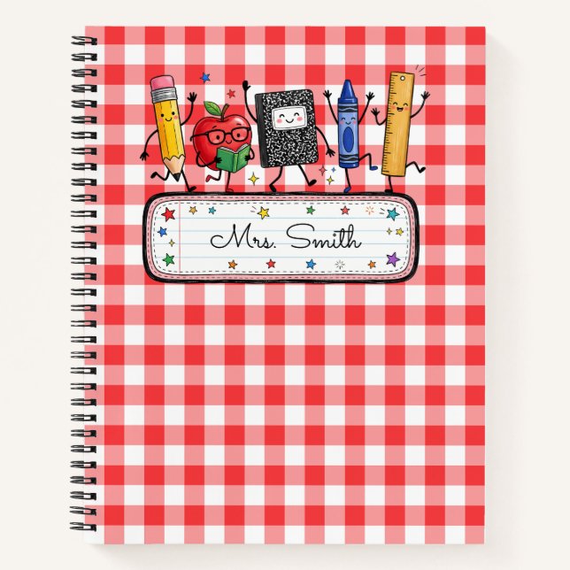 Personalisierter roter Gingham-Lehrer Notizbuch (Vorderseite)