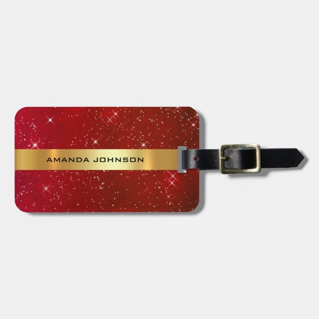 Personalisierter roter Glitzer Goldene Luggasse Gepäckanhänger (Vorderseite horizontal)