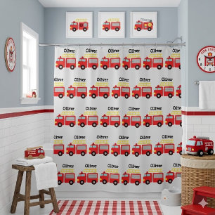 Personalisierter roter Kinder-Feuerwehren-LKW  Duschvorhang