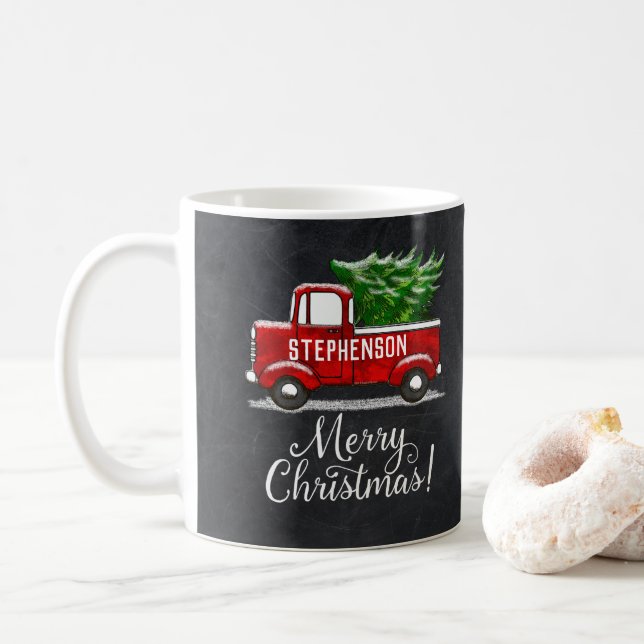 Personalisierter roter Lieferwagen-LKW-Baum-frohe Kaffeetasse (Mit Donut)