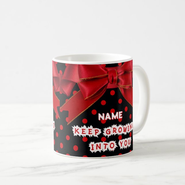Personalisierter roter Punkte Motivations-  Kaffeetasse (VorderseiteRechts)