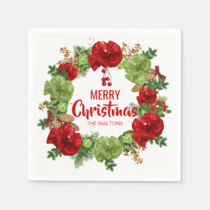 Personalisierter ROTER weißer Wreath-frohe Serviette