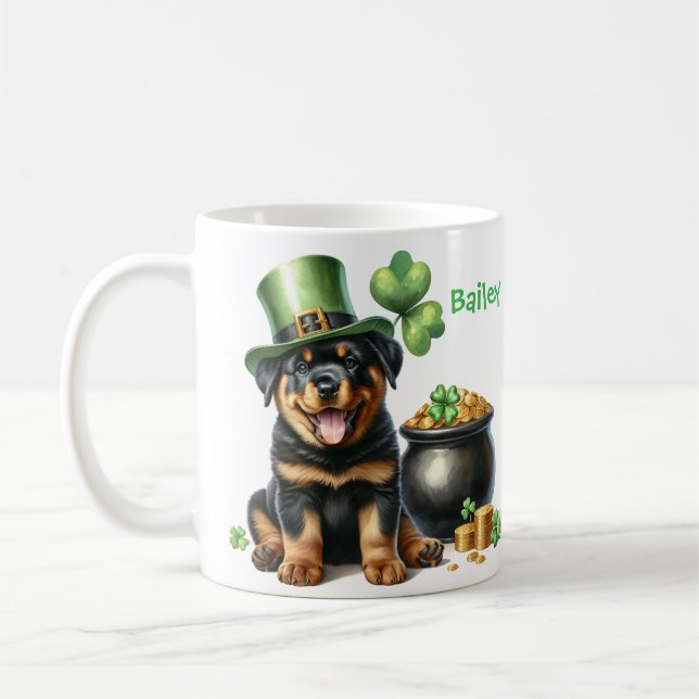 Personalisierter Rottweiler Hund St. Patricks Tag Kaffeetasse (Links)