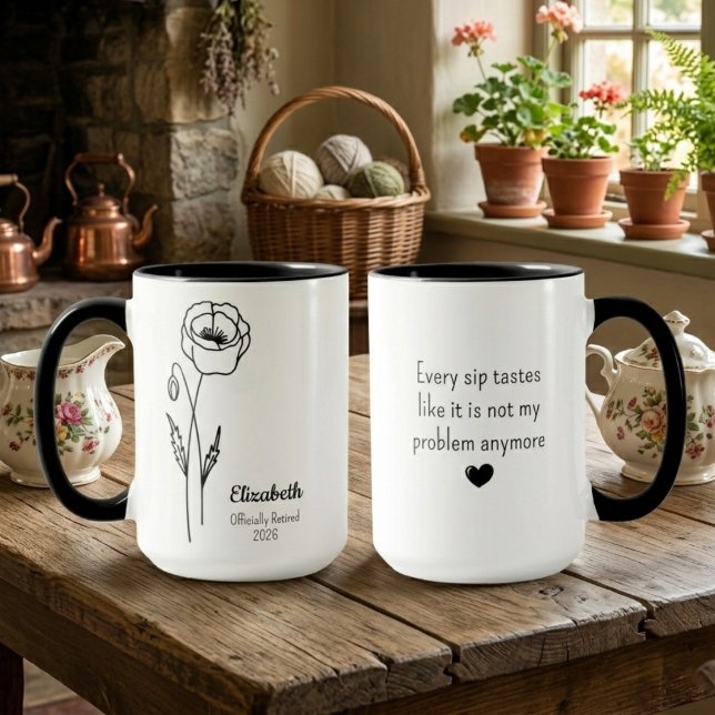 Personalisierter Ruhestand Mohn Groß Tasse (Poppy Line drawing retirement mug. Kitchen background.)
