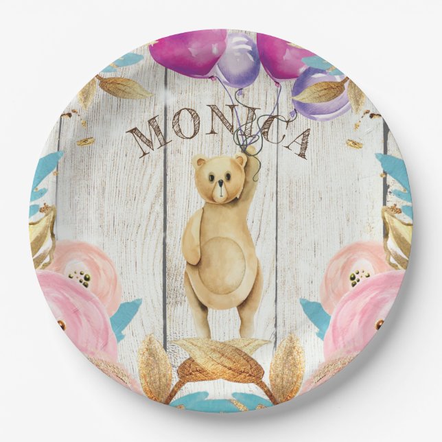 Personalisierter Rustikaler Teddybär Pappteller (Vorderseite)