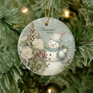 Personalisierter rustikaler vintage Schneemann Wei Keramik Ornament