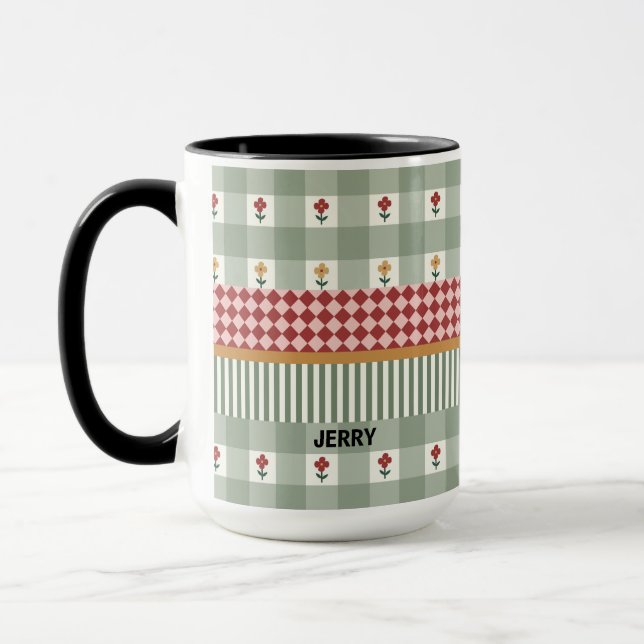 Personalisierter Salbeigrüner Blumenname-Becher Tasse (Links)