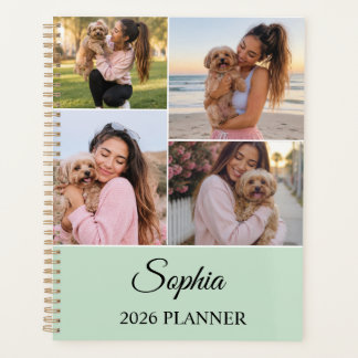 Personalisierter Salbeigrüner Foto-Collage-Planer Planer