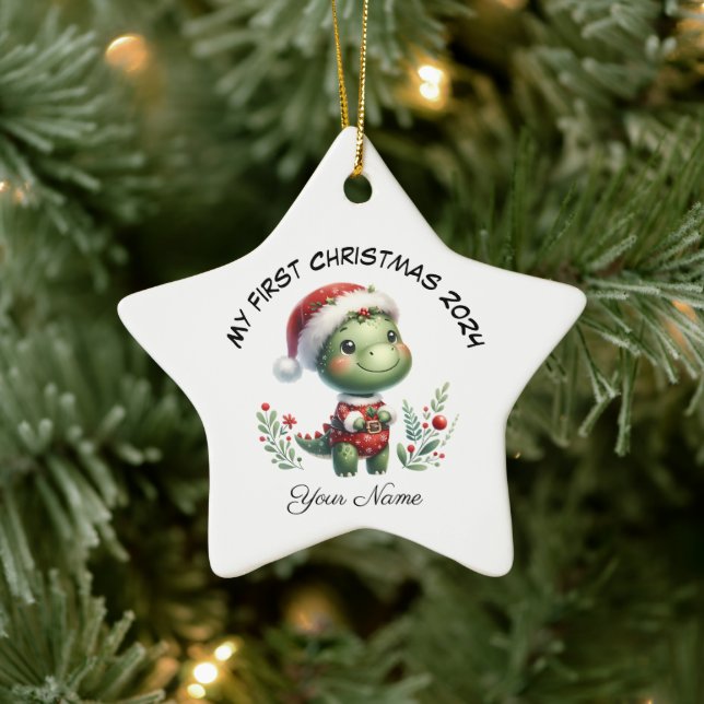 Personalisierter Santa Dinosaurier Erste Weihnacht Keramik Ornament (Baum)