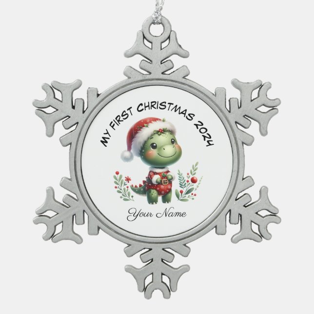 Personalisierter Santa Dinosaurier Erste Weihnacht Schneeflocken Zinn-Ornament (Vorderseite)