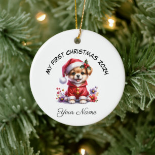 Personalisierter Santa Dog Welpe Erster Weihnachte Keramik Ornament