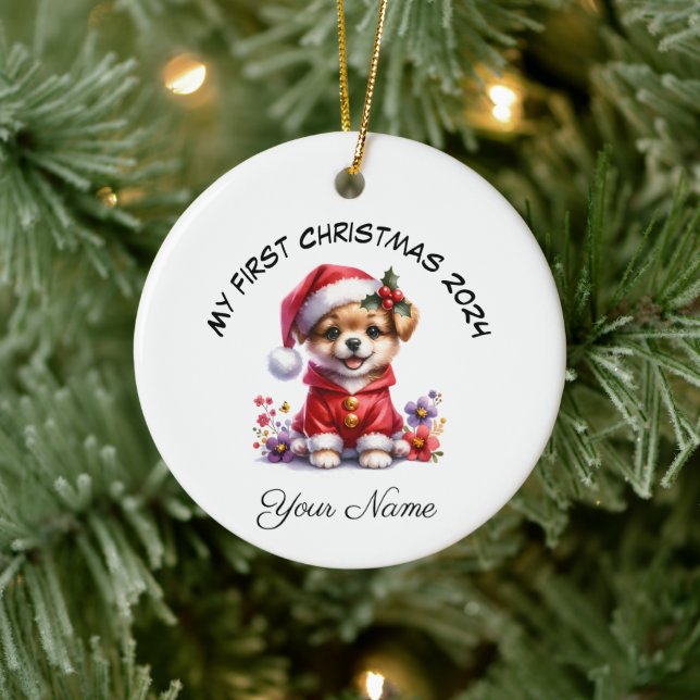 Personalisierter Santa Dog Welpe Erster Weihnachte Keramik Ornament (Baum)