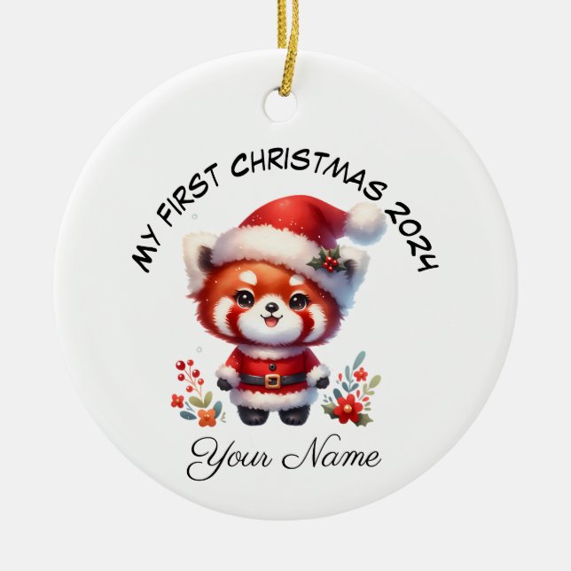 Personalisierter Santa Red Panda Bär Erste Weihnac Keramik Ornament (Vorne)