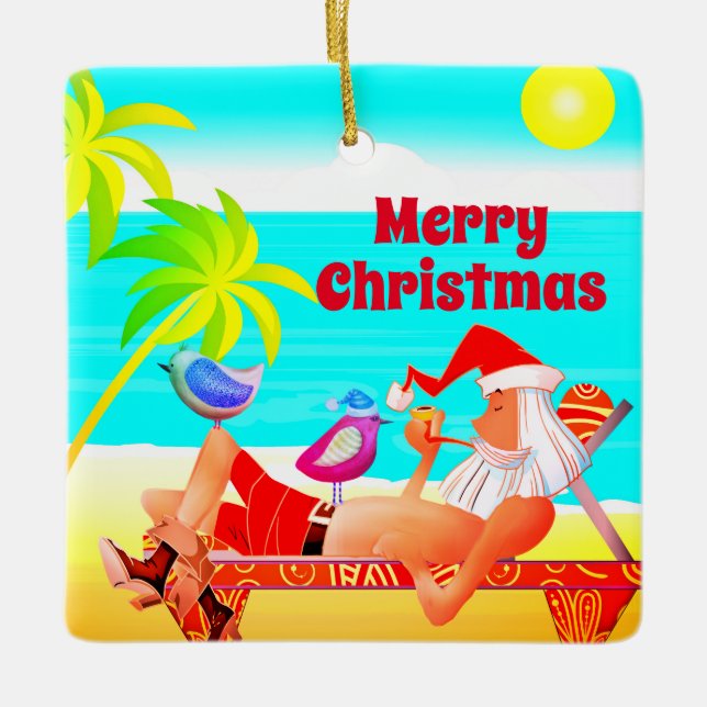 Personalisierter Santa und Birds Beach Frohe Weihn Keramikornament (Vorderseite)