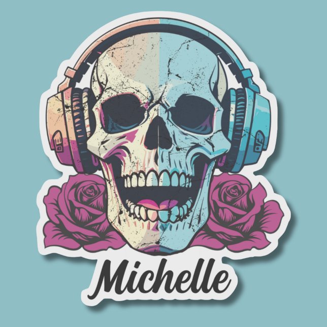 Personalisierter Schädel mit Kopfhörern wasserdich Aufkleber (Von Creator hochgeladen)