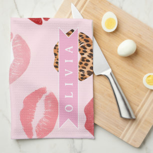 Personalisierter Schicker Rosa Leoparden-Druck Lip Geschirrtuch