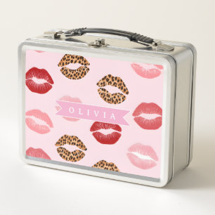 Personalisierter Schicker Rosa Leoparden-Druck Lip Metall Brotdose