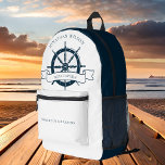 Personalisierter Schiffskapitän Vintages Wasserrad Bedruckter Rucksack<br><div class="desc">Chic Custom Boot Kapitän Rucksack für eine Seefahrer-Firma mit einem marineblau-blauen Boot-Lenkrad. Dieses Vintage nautische Design eignet sich perfekt für einen Schiffsführer in Strandnähe. Personalisieren Sie mit Ihrem Namen.</div>