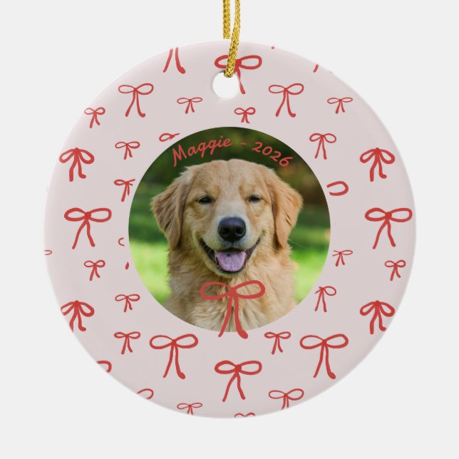 Personalisierter Schleifenmuster-Haustier-Foto-Sch Keramik Ornament (Vorne)