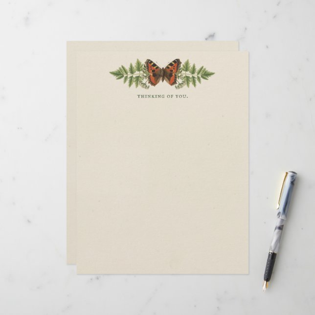 Personalisierter Schmetterling Botanischer Vintag Briefbogen (Vorderseite/Rückseite Beispiel)