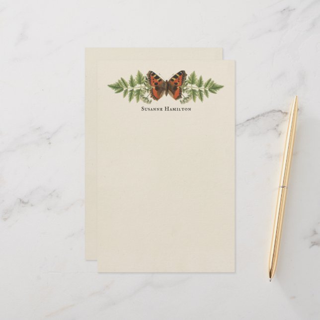 Personalisierter Schmetterling Botanischer Vintage Briefpapier (Vorderseite/Rückseite Beispiel)