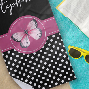 Personalisierter Schmetterling Schwarz Pink Weiße Strandtuch