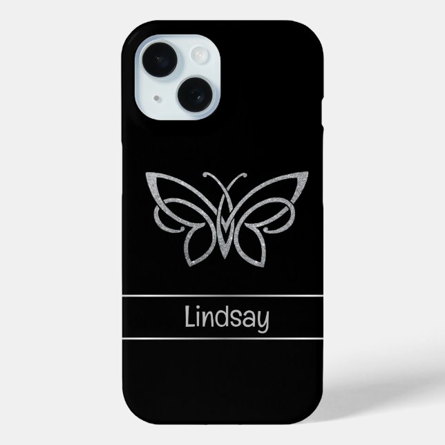 Personalisierter Schmetterling Silberner Glitzer S Case-Mate iPhone Hülle (Rückseite)
