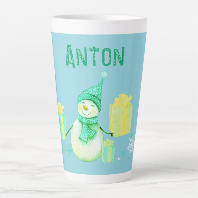 Personalisierter Schneemann mit Geschenken Milchtasse (Vorderseite)