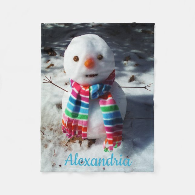 Personalisierter Schneemann mit Rainbow Scarf Flee Fleecedecke (Vorderseite)