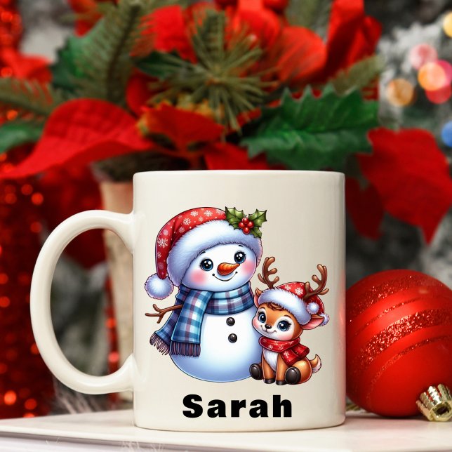 Personalisierter Schneemann & Reindefest Kaffeetasse (Personalized Snowman & Reindeer Christmas Coffee Mug)