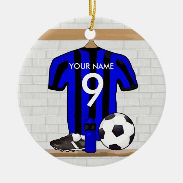 Personalisierter Schwarz-Blau-Fußball-Fußball-Fußb Keramikornament (Vorne)