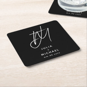 Personalisierter Schwarz-Weiß-Hochzeitspapier-Unte Rechteckiger Pappuntersetzer