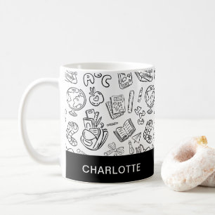 Personalisierter Schwarz-Weiß-Lehrer-Schul-Doodle Kaffeetasse