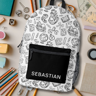 Personalisierter Schwarz-Weiß-Schul-Doodle für Kin Bedruckter Rucksack