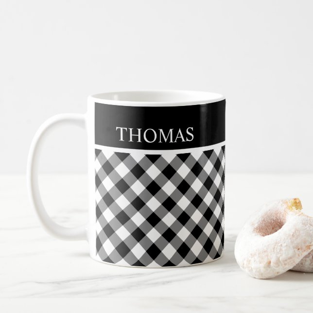 Personalisierter Schwarz-weißer Gingham Individuel Kaffeetasse (Mit Donut)