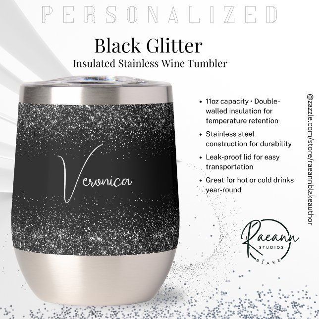 Personalisierter schwarzer Glitter-Edelstahl-Weinb (Von Creator hochgeladen)