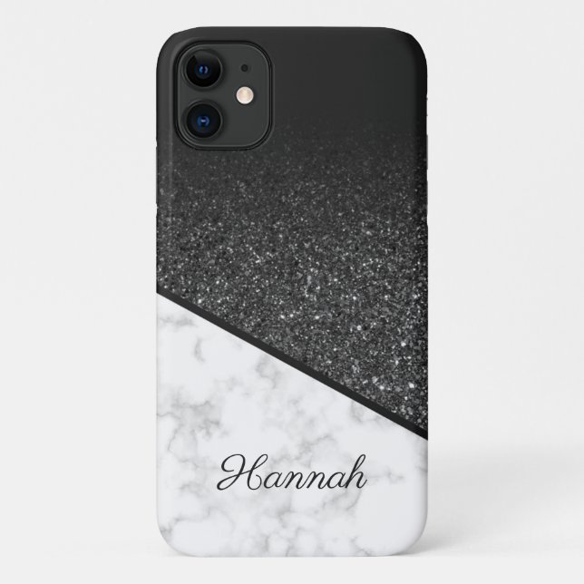 Personalisierter schwarzer Glitzer - weißer Marmor Case-Mate iPhone Hülle (Rückseite)