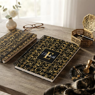 Personalisierter schwarzer Gold-Blumenname Notizbuch