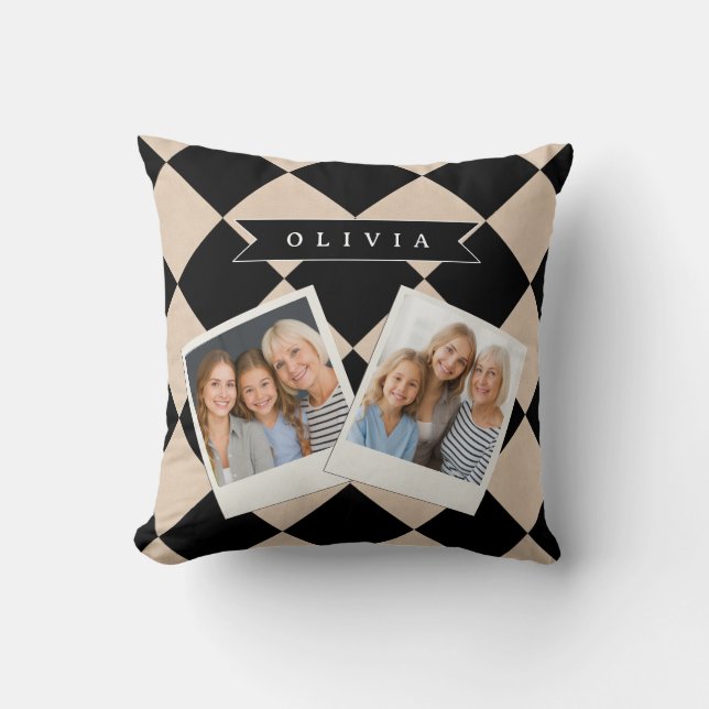 Personalisierter schwarzer Harlekin kariert Diaman Kissen (Vorderseite)
