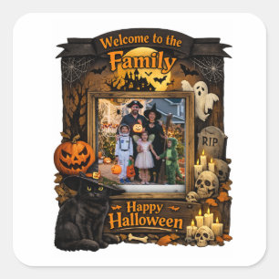 Personalisierter schwarzer Katzen-Halloween-Famili Quadratischer Aufkleber